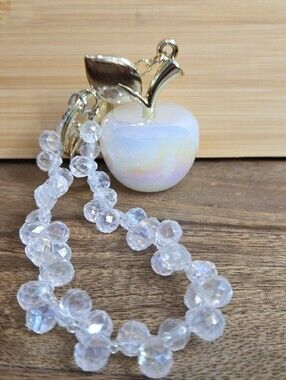 🍎 Iridescent Opal Resin Apple Keychain Wristlet with Crystal Beads 🍎